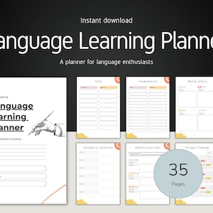 Planificador de aprendizaje de idiomas: diario de estudio y registro de vocabulario (PDF imprimible)