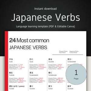 May include: A language learning template titled "Japanese Verbs" with the text "24 Most common JAPANESE VERBS." The template includes verb conjugations in Japanese, with English translations. The words "Instant download" are at the top.