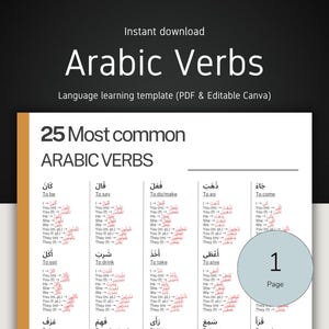 Könnte beinhalten: Eine Sprachlernvorlage mit dem Titel "Arabic Verbs" mit dem Text "25 Most common Arabic Verbs". Das Dokument enthält arabische Verben mit englischen Übersetzungen. Die Worte "Instant download" stehen oben.