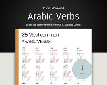 Könnte beinhalten: Eine Sprachlernvorlage mit dem Titel "Arabic Verbs" mit dem Text "25 Most common Arabic Verbs". Das Dokument enthält arabische Verben mit englischen Übersetzungen. Die Worte "Instant download" stehen oben.
