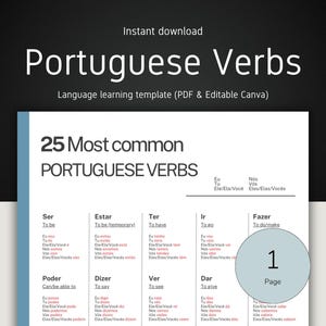 Hoja de referencia de verbos en portugués: Guía de estudio del idioma (Descarga en PDF, Plantilla A4 editable en Canva)