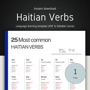 May include: A language learning template titled "Haitian Verbs" with the text "25 Most common Haitian Verbs." The document is a PDF and editable Canva file. The page includes verb conjugations in Haitian Creole.