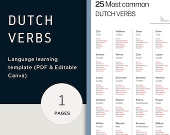 Dutch Verb Conjugation Chart: Beginner Language Study Guide (Printable PDF A4 Template Canva Editable)
