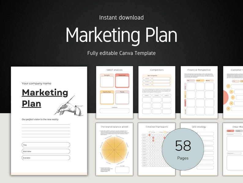 58-Page Marketing Plan Template: Business Strategy, Branding (Canva Editable, Digital Download A4/US Letter)