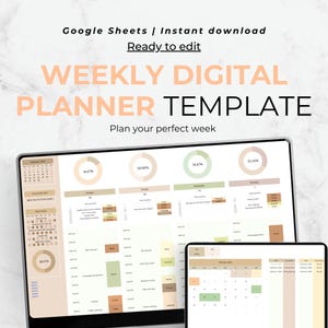 Könnte beinhalten: Eine digitale Wochenplaner-Vorlage in Google Sheets. Die Vorlage enthält einen Kalender, tägliche To-Do-Listen und Fortschrittsdiagramme. Die Vorlage ist bereit zum Bearbeiten und Herunterladen.