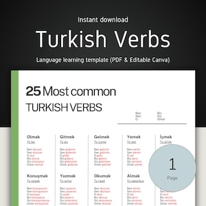 Può includere: Un modello di apprendimento delle lingue intitolato "Verbi turchi" con il testo "25 verbi turchi più comuni". Il modello è un file PDF e Canva modificabile. L'immagine include un elenco di verbi turchi con traduzioni in inglese.