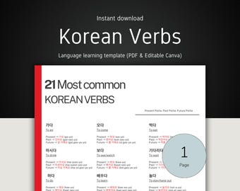 Korean Verb Conjugation Chart: Language Learning Printable (PDF Download, A4 Template)