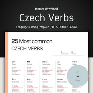 Pode incluir: Um modelo de aprendizagem de línguas intitulado "Verbos Checos", disponível para download imediato. O documento apresenta uma lista de 25 verbos checos comuns com as suas traduções para o inglês. O design é simples, com texto preto.