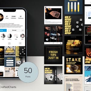 May include: A smartphone displays an Instagram profile with 57 posts, 15,340 followers, and 57 following. The profile showcases various social media posts with gambling themes, including dice, cards, and text like "Fresh Tips Just In". The image also includes the text "Made by CraftedCharts".