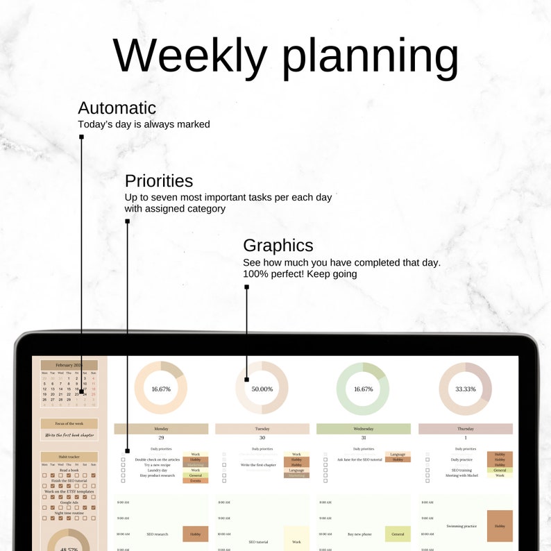 Weekly Planner Template 2024 Beige, Digital Annual Calendar, Google
