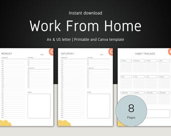 Work From Home Daily Planner: Hourly Schedule, Printable PDF (US Letter & A4) - Canva Template