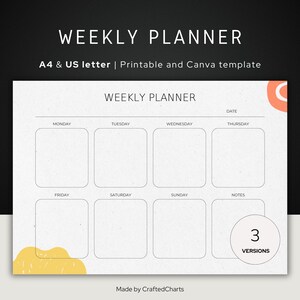 Peut inclure: Un modèle de planificateur hebdomadaire imprimable avec le texte "WEEKLY PLANNER" en haut. Le planificateur comprend des sections pour chaque jour de la semaine, avec une section notes. Le design comprend des formes abstraites orange et jaune. Le texte "3 VERSIONS" est dans un cercle.