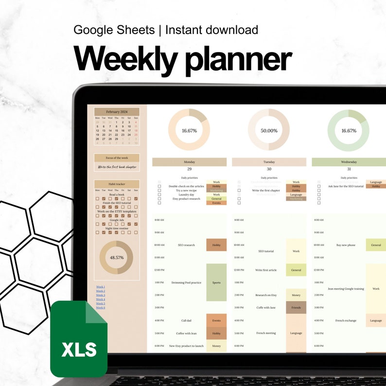 Weekly Planner Template 2024 Beige, Digital Annual Calendar, Google