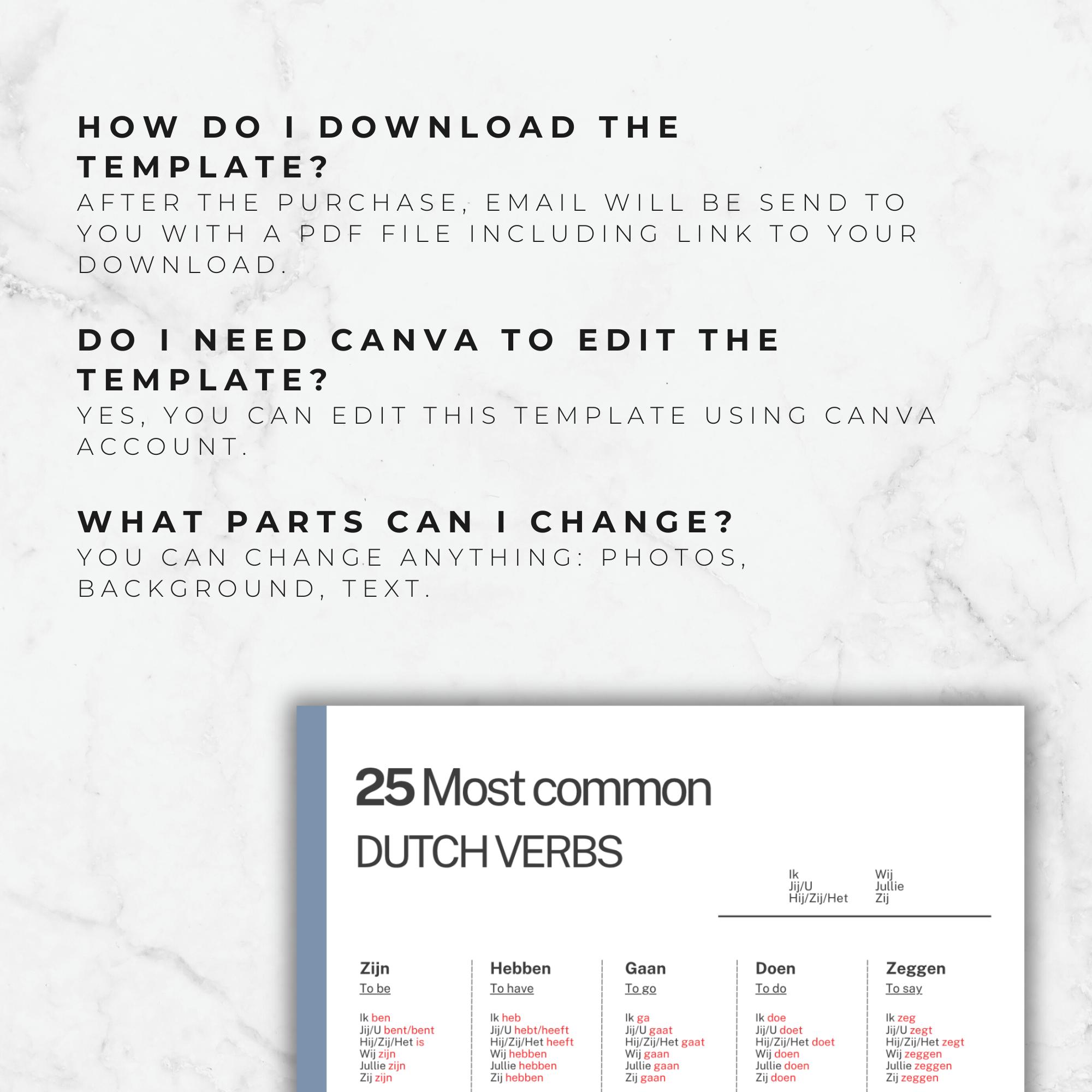 Dutch Verb Conjugation Chart: Beginner Language Study Guide (printable ...