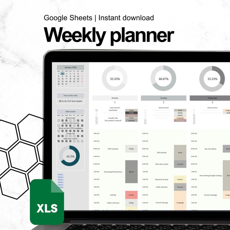 Weekly Planner Template 2024 Gray, Digital Annual Calendar, Google