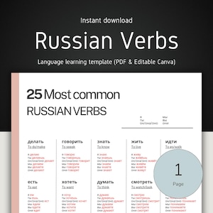 以下が含まれることがあります： 「Russian Verbs」というタイトルの言語学習テンプレートで、「25 Most common RUSSIAN VERBS」というテキストが入っています。テンプレートはPDFと編集可能なCanvaファイルです。画像は白い背景に黒いトップスです。