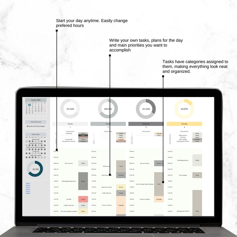 Weekly Planner Template 2024 Gray, Digital Annual Calendar, Google