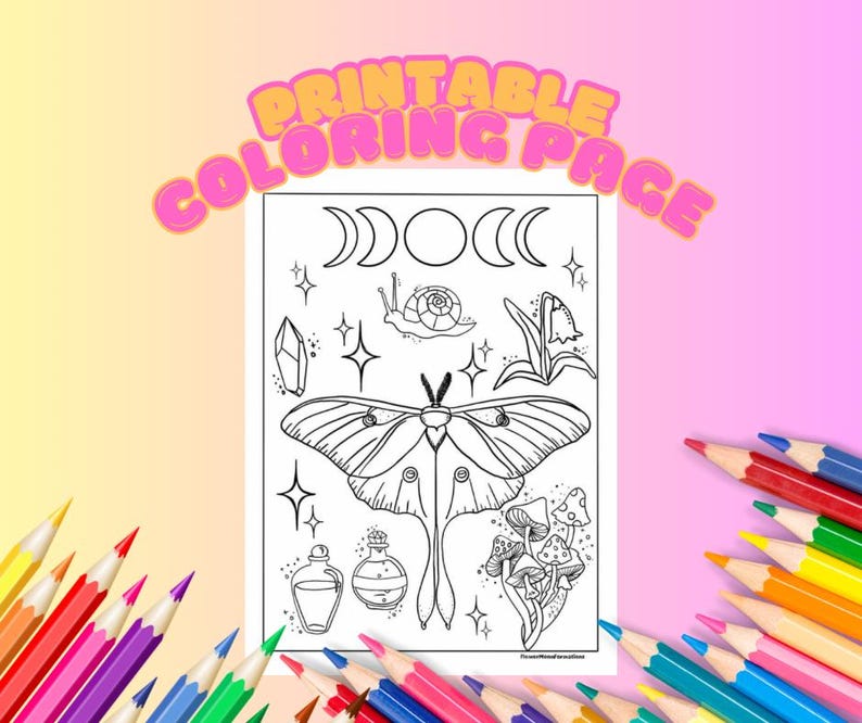 May include: Printable coloring page featuring a black and white illustration of a moth, snail, crystals, mushrooms, and flowers. The page also includes a moon phase design and stars.