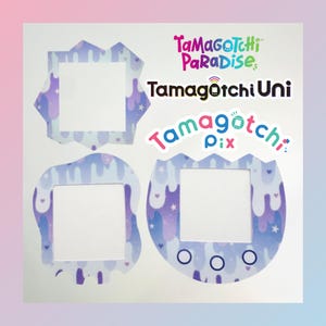 May include: A white sticker sheet with three Tamagotchi designs. The designs include frames with a purple and blue dripping pattern, and the text "Tamagotchi Paradise", "Tamagotchi Uni", and "Tamagotchi Pix".