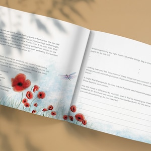 May include: A page from a self-help workbook with a watercolor illustration of red poppies and a dragonfly. The text on the page discusses acceptance and control in the context of grief. The page includes a list of things that can be controlled and a list of things that cannot be controlled.