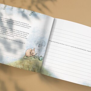 May include: A journal with a light blue watercolor background and lined pages. The journal has a quote about self-care and a small illustration of a mouse drinking tea. The right page has a section for writing about things that bring you down, even on a good day.