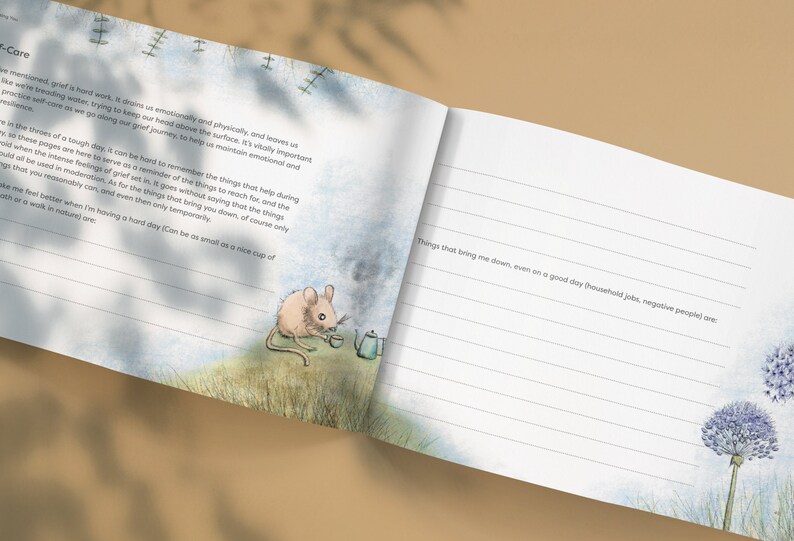 May include: A journal with a light blue watercolor background and lined pages. The journal has a quote about self-care and a small illustration of a mouse drinking tea. The right page has a section for writing about things that bring you down, even on a good day.