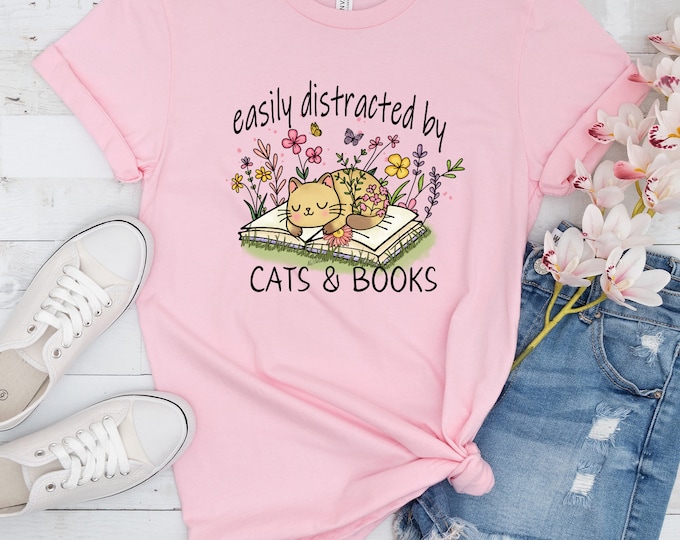 Featured listing image: Easily Distracted by Cats and Books T-Shirt