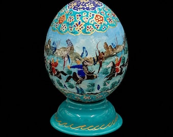 Hand-Painted Ostrich Egg, Geometric Mandala Gilded Art, Cobalt Blue Turquoise Ochre Home Décor