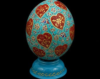 Hand-Painted Ostrich Egg, Cobalt Blue Turquoise Gilded Floral Hearts Home Décor