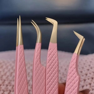 Pink and Gold Eyelash Extension Tweezers Bundle of 4 - Angled Straight Curved Boot