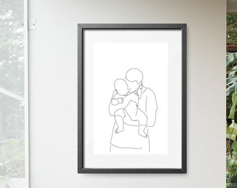 Dady con su Baby Line Art, Familiy Poster, Gitf for Him, Dibujo digital imprimible