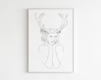 Chica con cuernos de ciervo, Ilustración femenina, Arte lineal de mujer, Dibujo de líneas mínimas, Impresión de arte de figura femenina, Decoración del hogar moderno, Arte digital