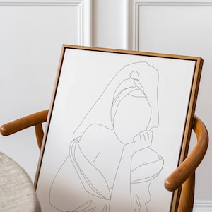One Line Drawing, towel on head, Woman One line Art, Single Line Woman Wall Print, Bathroom Decor