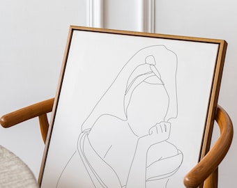 Dibujo de una línea, toalla en la cabeza, Mujer Arte de una línea, Impresión mural de mujer de una sola línea, Decoración del baño