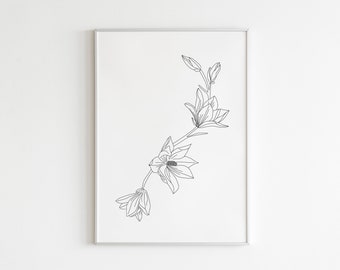 Flor de magnolia, Magnolia de dibujo lineal, Arte botánico abstracto, Arte lineal continuo, Dibujo de líneas florales, Arte digital