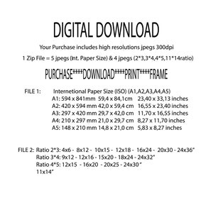 Puede incluir: Hoja de informaci&oacute;n de descarga digital con texto que detalla los tama&ntilde;os de archivo, los tama&ntilde;os de papel y las relaciones de aspecto. Incluye medidas en pulgadas y cent&iacute;metros. El texto incluye las palabras "Descarga digital", "Comprar", "Descargar", "Imprimir" y "Marco".