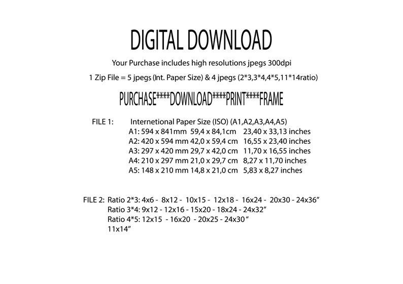Puede incluir: Hoja de informaci&oacute;n de descarga digital con texto que detalla los tama&ntilde;os de archivo, los tama&ntilde;os de papel y las relaciones de aspecto. Incluye medidas en pulgadas y cent&iacute;metros. El texto incluye las palabras "Descarga digital", "Comprar", "Descargar", "Imprimir" y "Marco".