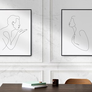 Sending a Kiss Line Art,  Set of 2 Printable, Couple Line Drawing, Couple Print Wall Decor, Lovers Illustration, Minimalist Wall Art Couple