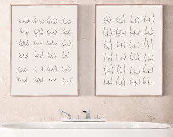 Letreros divertidos para el baño, 2 piezas de arte de pared, arte divertido de traseros, arte de tetas, trasero bonito, decoración minimalista para el baño, arte positivo para el cuerpo, impresión feminista