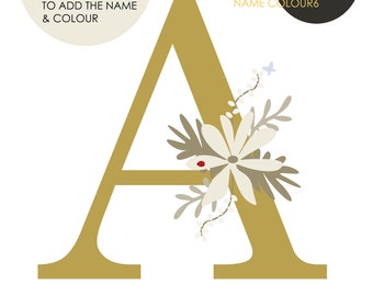 Impresión inicial floral para guardería, impresión de nombre de recién nacido, impresión de nombre personalizado, impresión de letras florales
