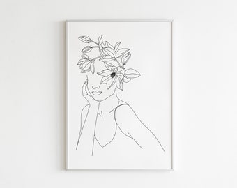 Mujer Flores dibujo lineal, Dibujo lineal facial, Arte de figura femenina, Arte lineal feminista, Arte de flores, Estampado floral, Mano en cara