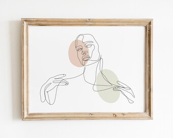 Arte de línea facial de mujer, Dibujo de una línea, Impresión de arte moderno de cara, Arte facial abstracto, Impresión digital
