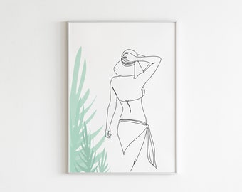 Boho Beach Wall Art, Arte Mural Femenino, Obra De Arte De Playa, Arte De Línea Femenina, Figura Femenina, Decoración Temática De Playa, Impresión Desnuda De Playa