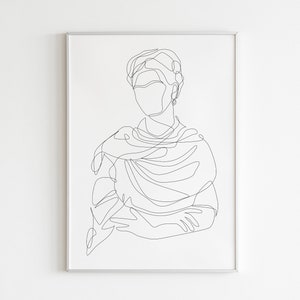 May include: A black and white line drawing of a person with their arms crossed, wearing a shawl or scarf. The drawing is in a simple, minimalist style.