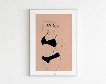 Impresión Curvy Woman, Positividad Corporal, Figura Femenina Minimalista, Impresión Digital Dibujada A Mano, Dibujo Lineal Femenino, Arte Mural Femenino