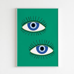 Impressão de olho maligno Boho, arte de parede verde esmeralda, arte de meados do século, arte de parede para impressão, arte de parede de olho decoração Boho, impressão abstrata moderna