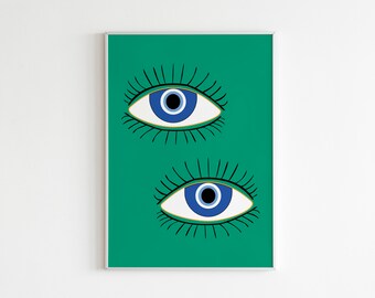 Boho evil eye print, Emerald green wall art,  Mid Century art,  Printable wall art, Eye wall art Boho decor, Modern abstract print