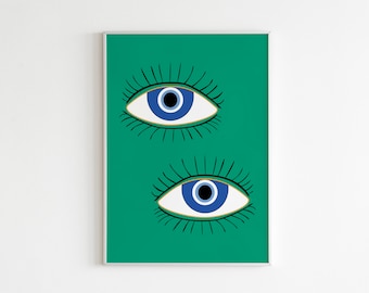 Boho evil eye print, Arte mural verde esmeralda, Arte de mediados de siglo, Arte mural imprimible, Arte mural de ojos Boho décor, Estampado abstracto moderno