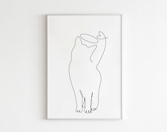Puede incluir: Impresión de arte de línea de un gato con un halo sobre su cabeza, mirando hacia arriba a una forma de corazón.