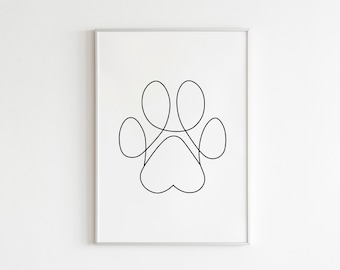Impresión de arte de línea de pata de perro minimalista. Ilustración de pata de perro moderna imprimible. Dog Doodle Single Line Paw Print. Arte de una línea. Decoración de la pared de la pata
